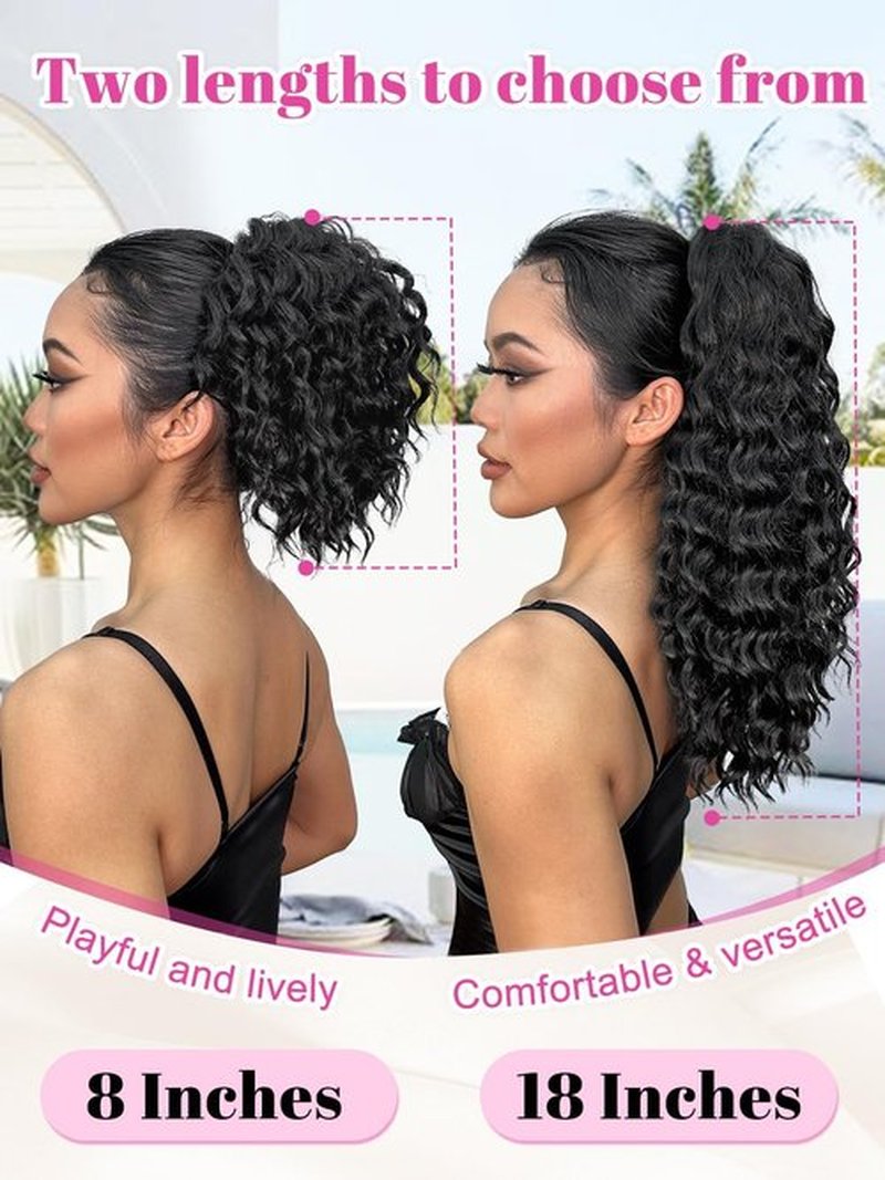 ALXNAN Wavy Curly Ponytail Extension, 8" Brown Drawstring Ponytai for Black Women Short Soft Natural Synthetic Hairpiece Thick For Daily Use