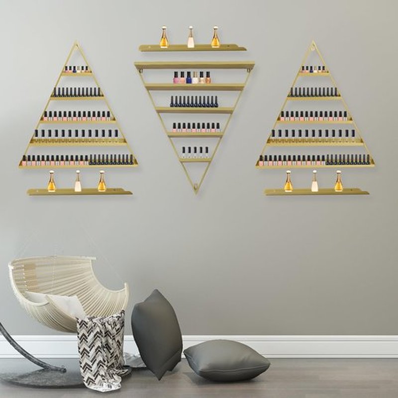LEYSRIS Wall-Mounted Nail Polish Rack, Set of 6 Triangular Gold Nail Polish Shelf Lipstick Perfume Cosmetic Display Shelf for Home Spa Nail Salon Shop