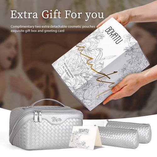 Travel Makeup Bags Cosmetic Organizer Bag: Large Capacity Make up Bag Set of 3 - Vegan Leather Toiletry Bag for Women - Portable Makeup Organizer with Compartments & Handle & Divider (04 Silver)