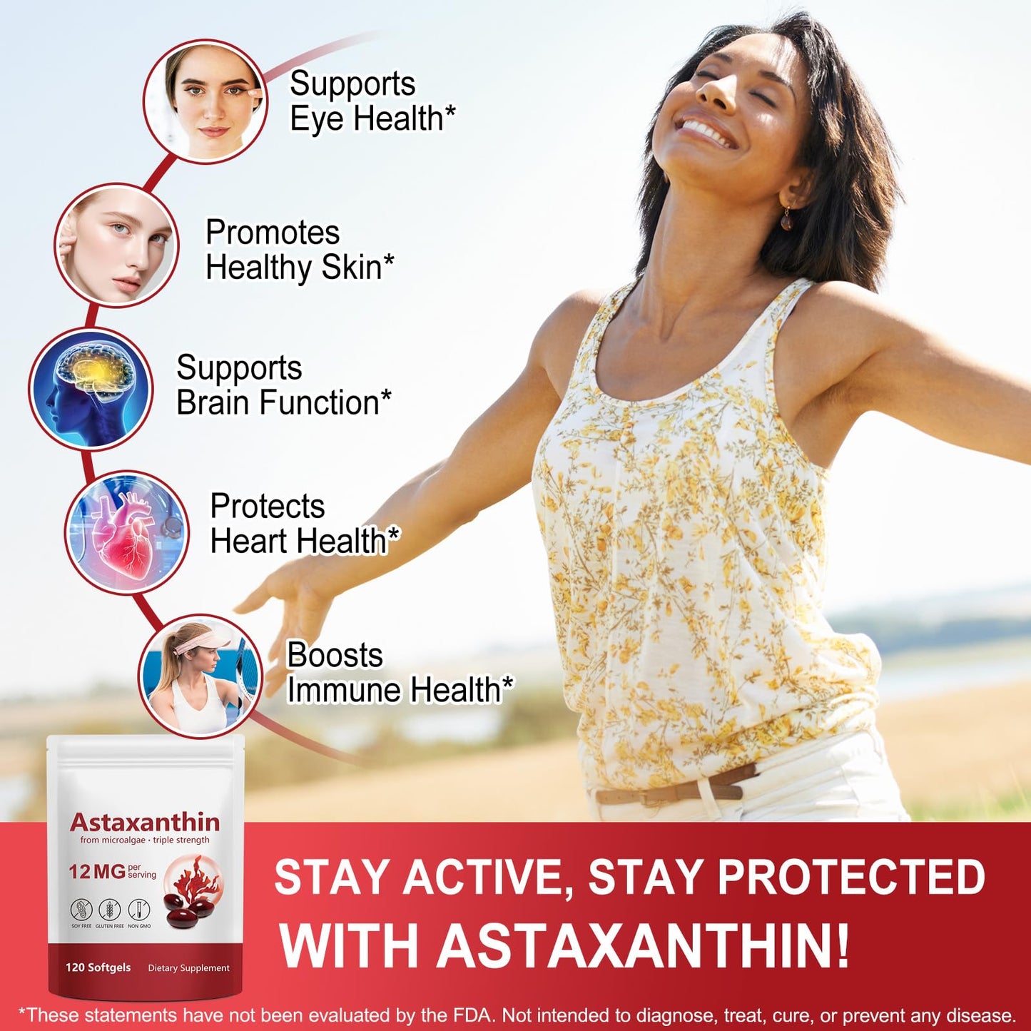 Redshine Astaxanthin 12mg,from Microalgae,Triple Strength,120 Softgels,Supports Eye, Joint, Internal Circulation, Skin Health & Natural Tanning