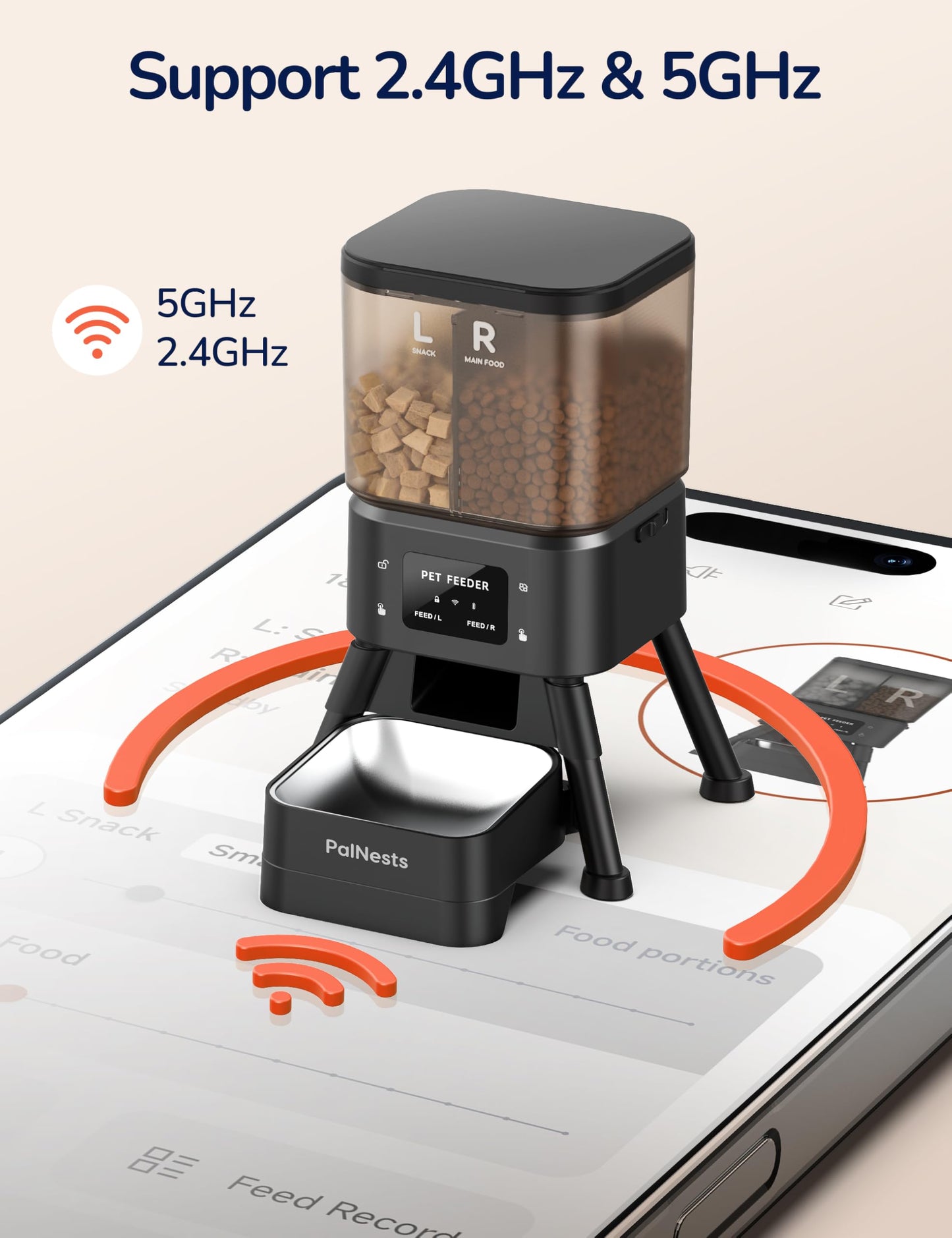 PalNests Dual Chamber Automatic Cat Feeder, Smart WiFi Pet Food Dispenser with 2.4&5G WiFi App, Custom Schedule & Portion Control for Dry Food and Treats, 4L, Black