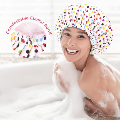 Shower Cap for Women Terry Lined Bath Cap Large Reusable Waterproof Elastic Band Pink Point Shower Caps for Long Thick Hair Soft Bath Shower Hair Caps
