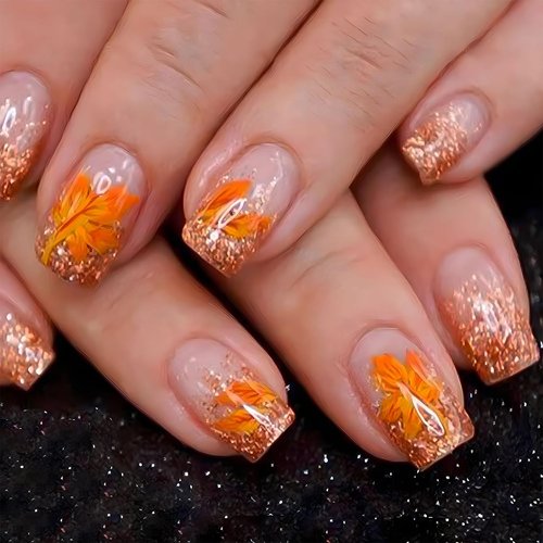 Fall Maple Leaves Press on Nails Orange Glitter Fake Nails Short Square False Nails Sparkly Acrylic Nails Glossy Stick on Nails Thanksgiving Maple Leaf Glue on Nails for Women Girls 24 Pcs