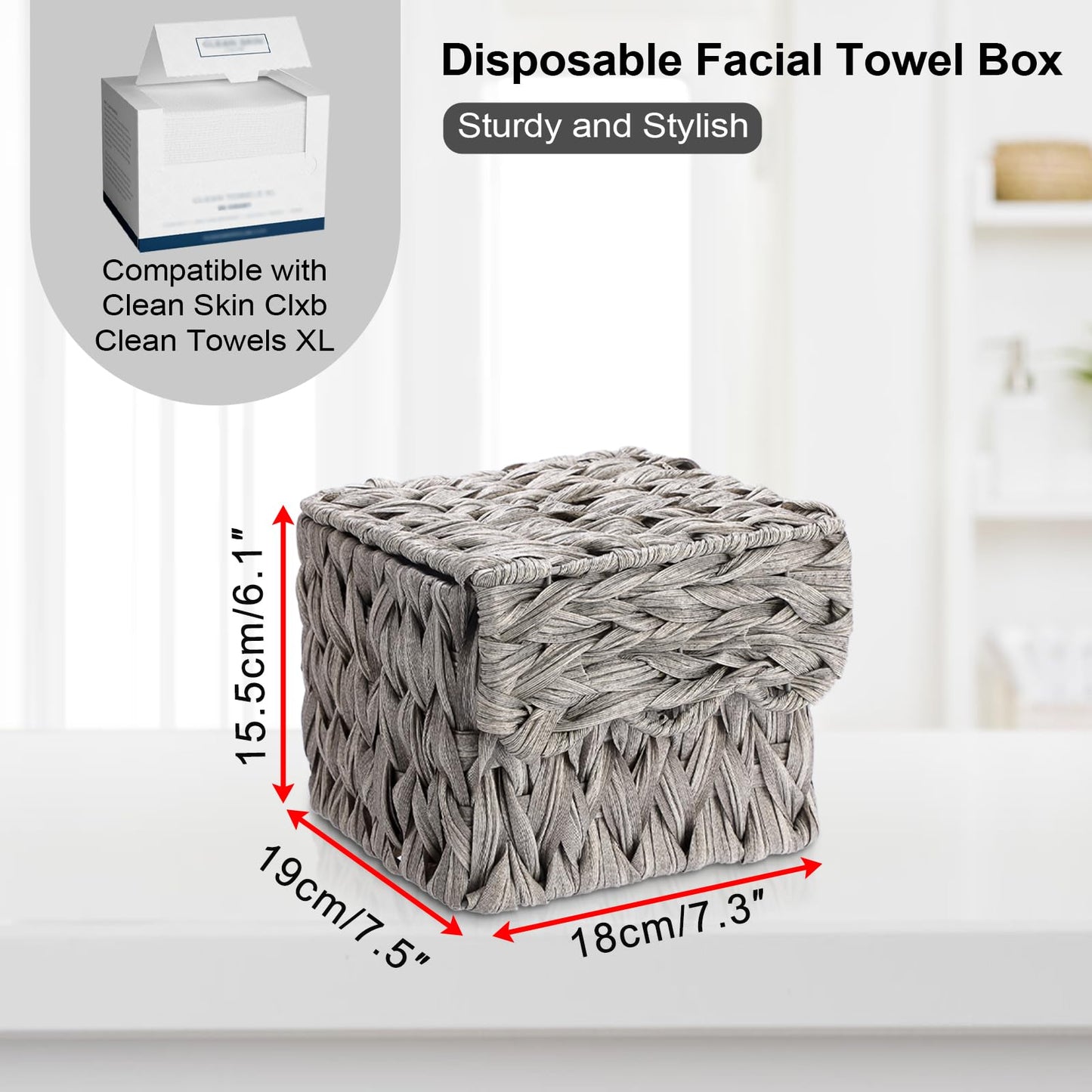 Sumnacon Rattan Disposable Face Towel Holder with Lid, Plastic Face Towels Storage Box Compatible with XL Facial Towels, Decorative Farmhouse Organizer Bin for Bathroom, Vanity, Countertop