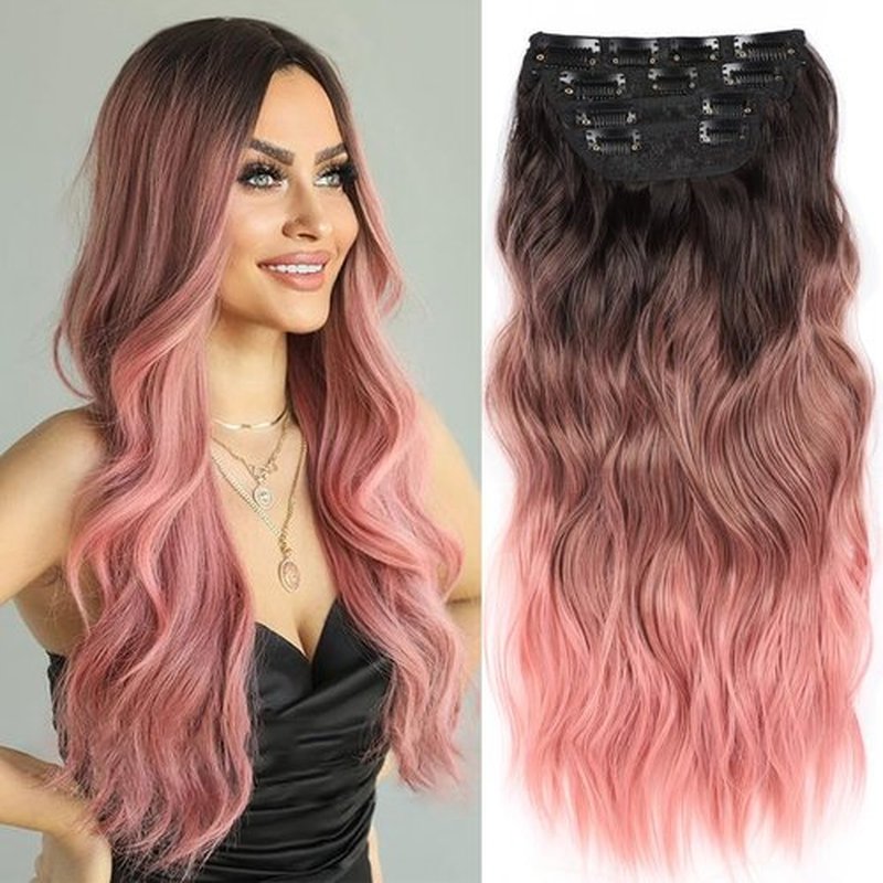 Pink Clip in Hair Extensions Synthetic Wavy Clip Hair Extensions 20 inch Thick Pink Extensions Hair Clip Double Weft Hair Extension for Women (20INCH, PINK)
