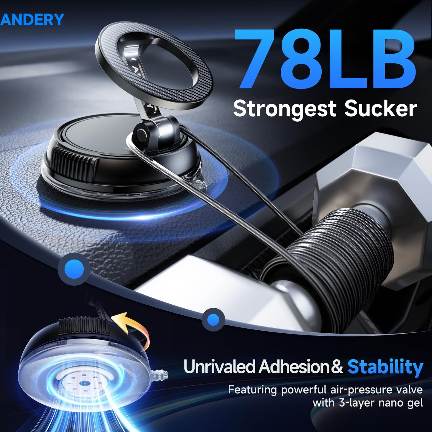 ANDERY Car Phone Holder for Magsafe [78+LBS Strongest Suction & 2400gf Strongest Magnetic] 360° Adjustable Car Phone Mount, Phone Holders for Your Car for iPhone 17-12 & All Phones, Father Gifts
