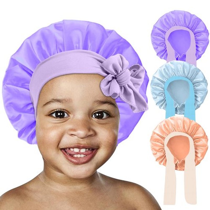 3Pcs Kids Silk Satin Bonnet for Sleeping - Baby Hair Sleep Bonnet,Kids Bonnets for Girls Toddler Child with Wide Elastic Tie Band,Sleep Cap Night Hair Hats for Curly Natural Hair(Purple+Blue+Gold)