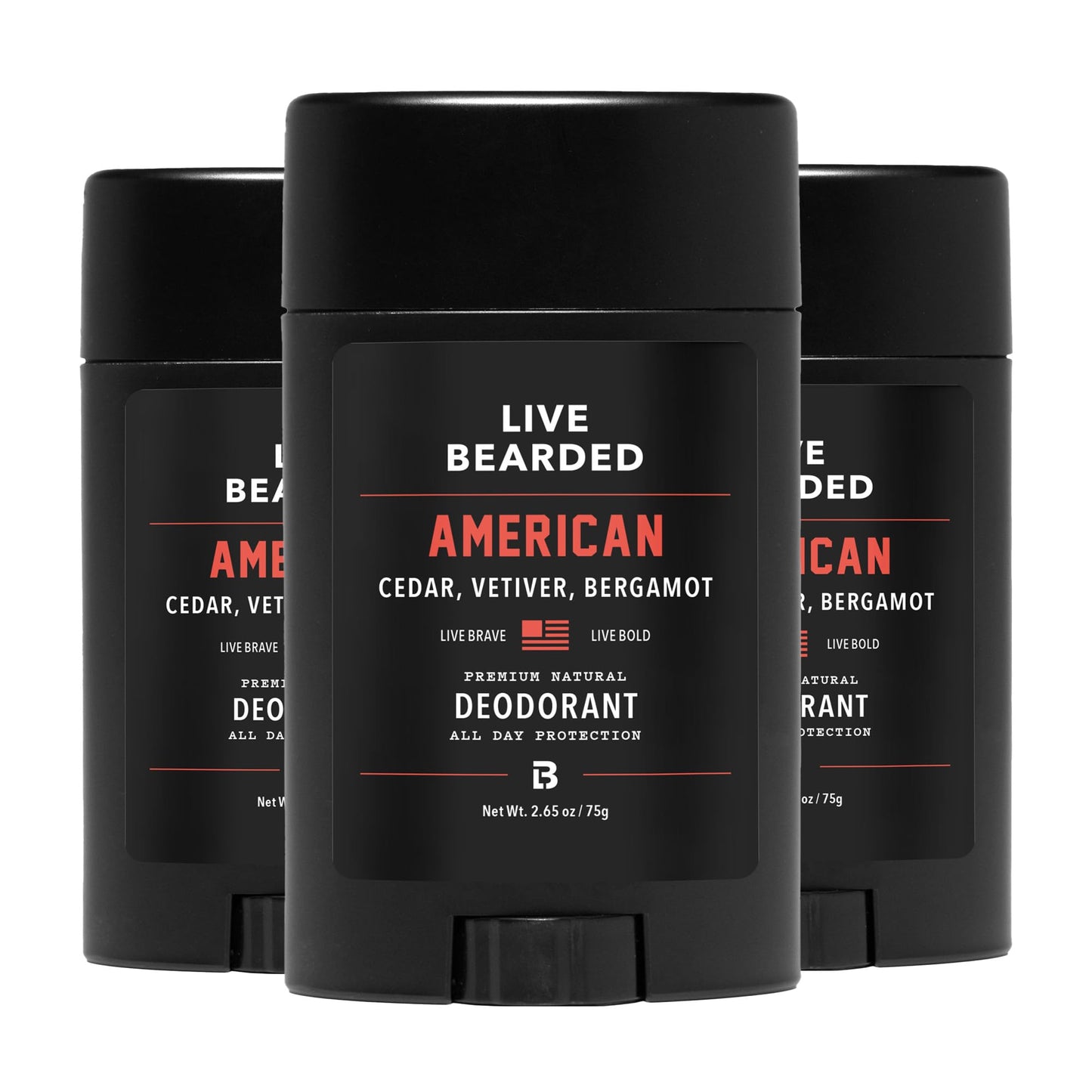 Live Bearded Men's Deodorant - Long Lasting, Aluminum Free, All Natural, Activated Charcoal Deodorant for Men, Travel Size - American, 3 Stick