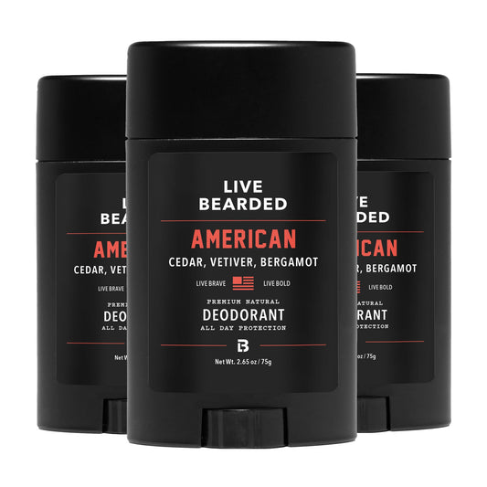 Live Bearded Men's Deodorant - Long Lasting, Aluminum Free, All Natural, Activated Charcoal Deodorant for Men, Travel Size - American, 3 Stick