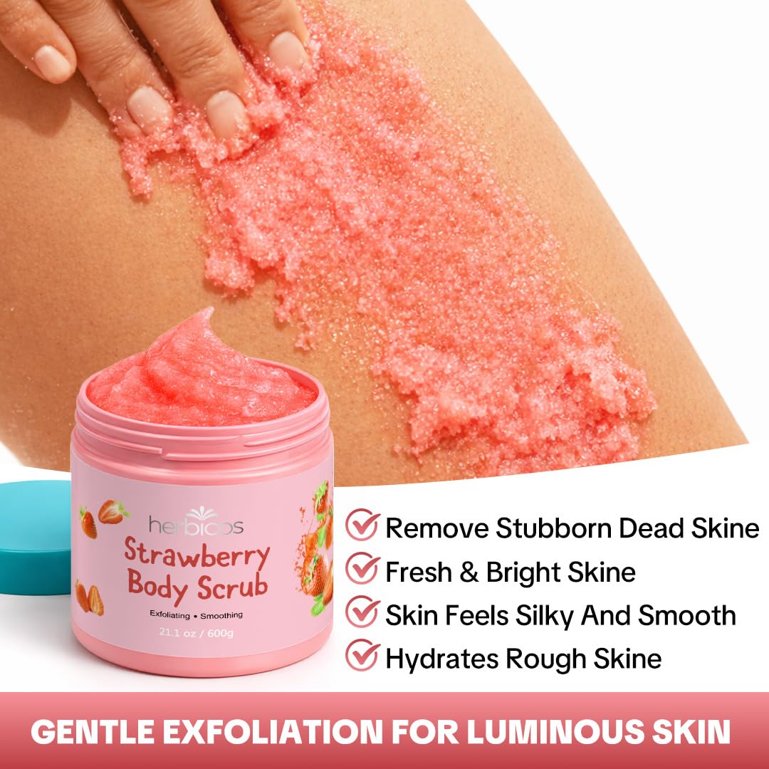 HERBICOS Strawberry Body Scrub - Exfoliating Sugar & Sea Salt Scrub with Retinol & Vitamin C for Smooth Glowing Skin - Moisturizing Body Exfoliator for Dry Skin - 21.1 oz