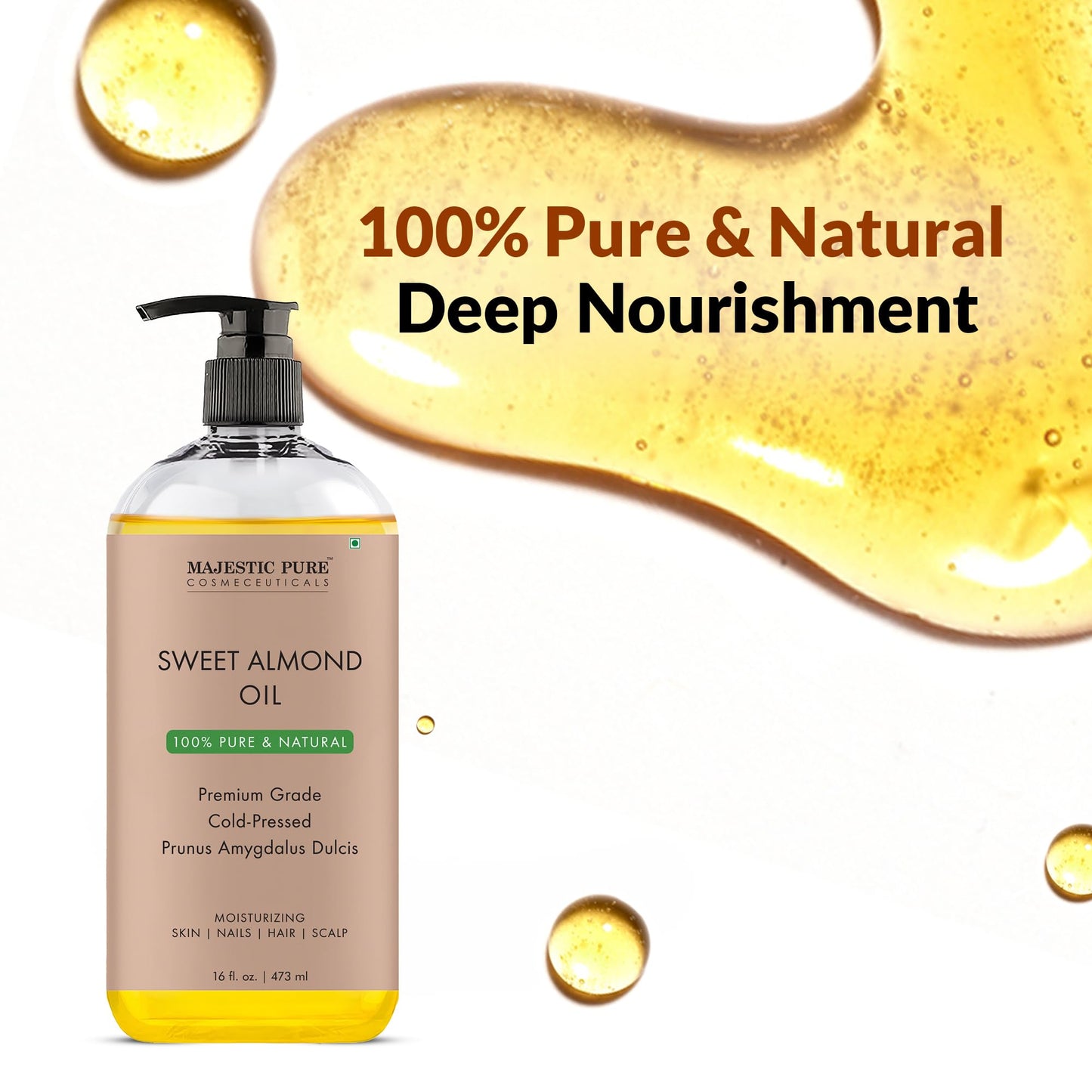 Majestic Pure Organic Sweet Almond Oil - 100% Pure & Natural - Premium Grade, Cold-Pressed, Hexane-Free Carrier Oil for Skin, Hair and Body - Moisturizing Skin, Hair and Scalp - 8 Fl Oz