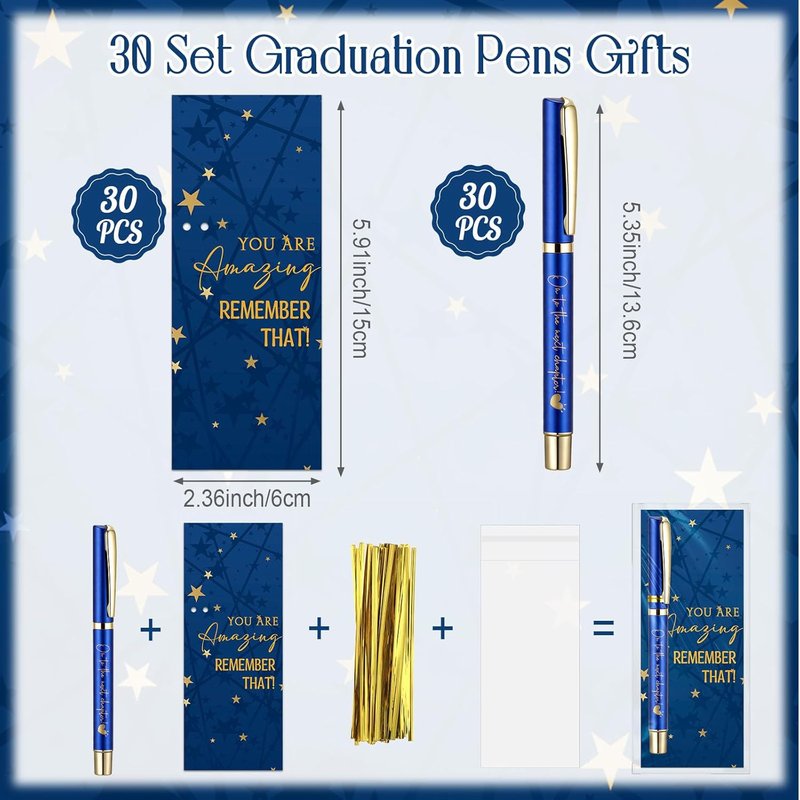 Graduation Pen Gift Set - 90 Pcs Class of 2026 Party Favors | 30 Ballpoint Pens, Inspirational Cards & Bags - Blue