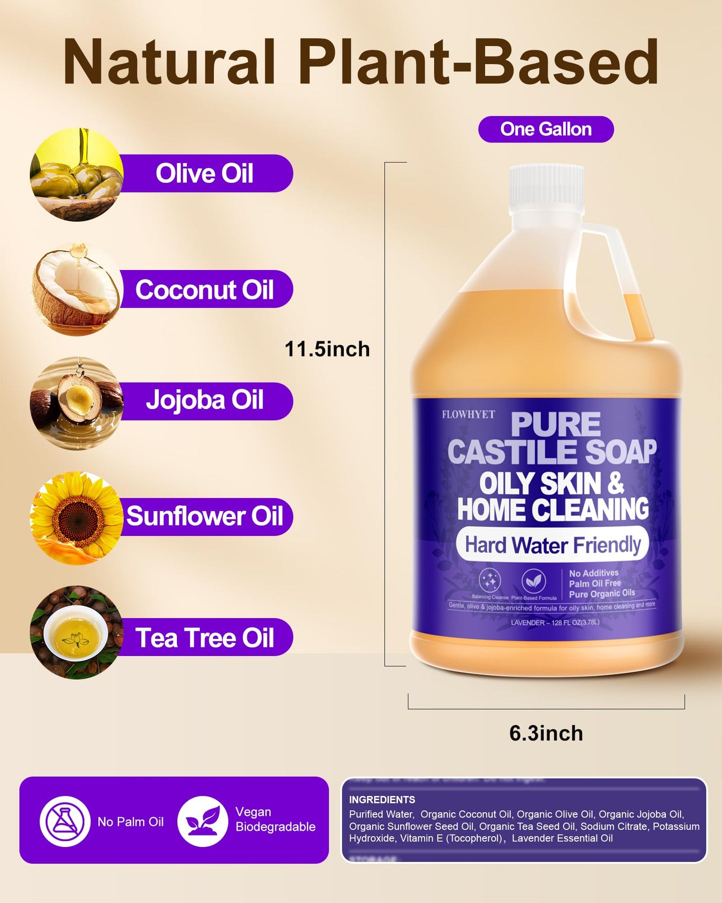FLOWHYET Organic Castile Soap, Liquid Hand Soap Refill, Natural For Hand, Body Wash, Face, Laundry, Dishes, Home Cleaning - Lavender 32 Fl Oz