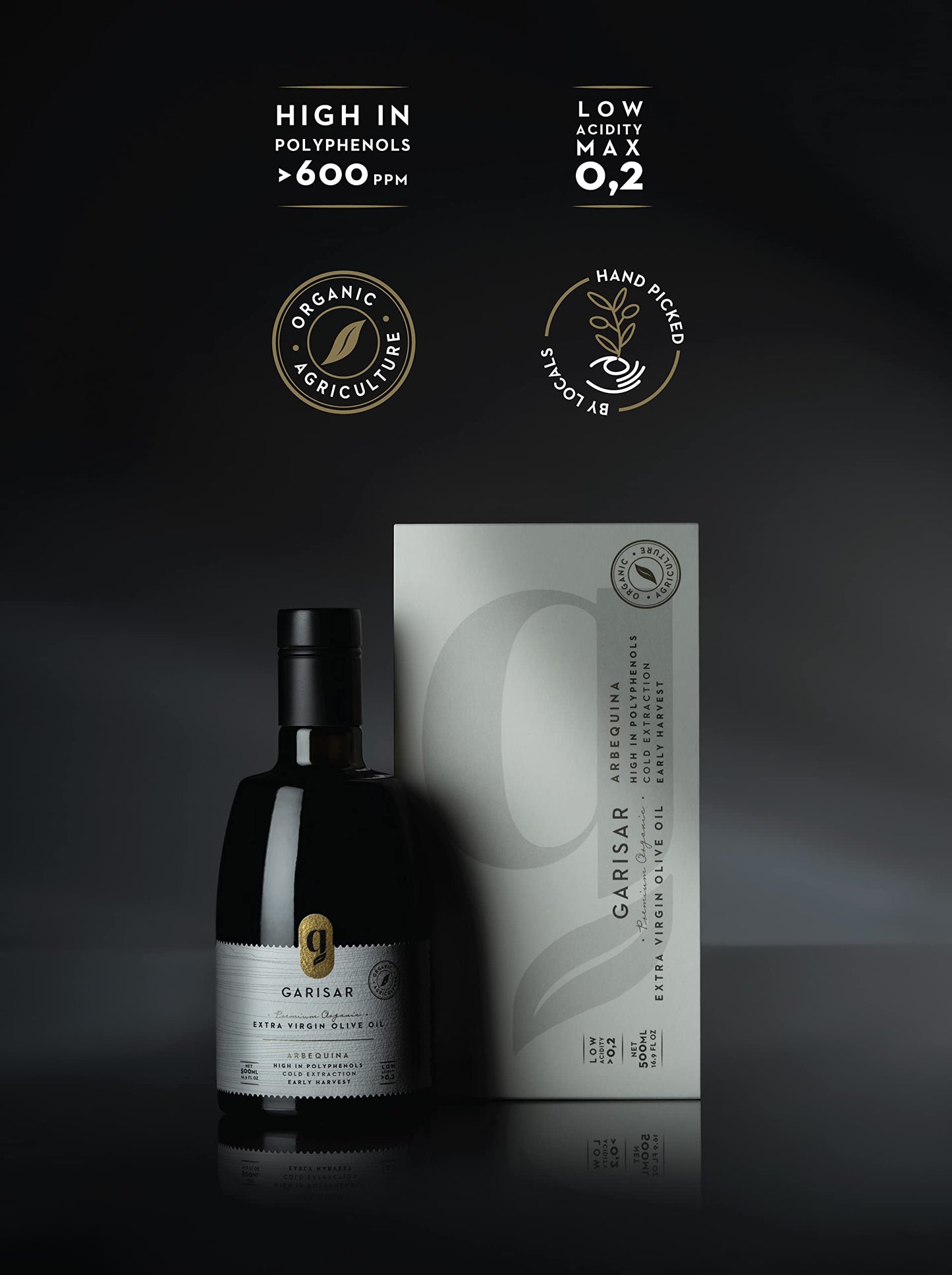 Garisar High In Polyphenol Premium Extra Virgin Olive Oil (>600 ppm), Low Acidity (Max 0.2%), NYIOOC 2025 Gold Medal Winner, Organic Agriculture Hand Picked, Cold Pressed, 100% Arbequina - Pack of 1