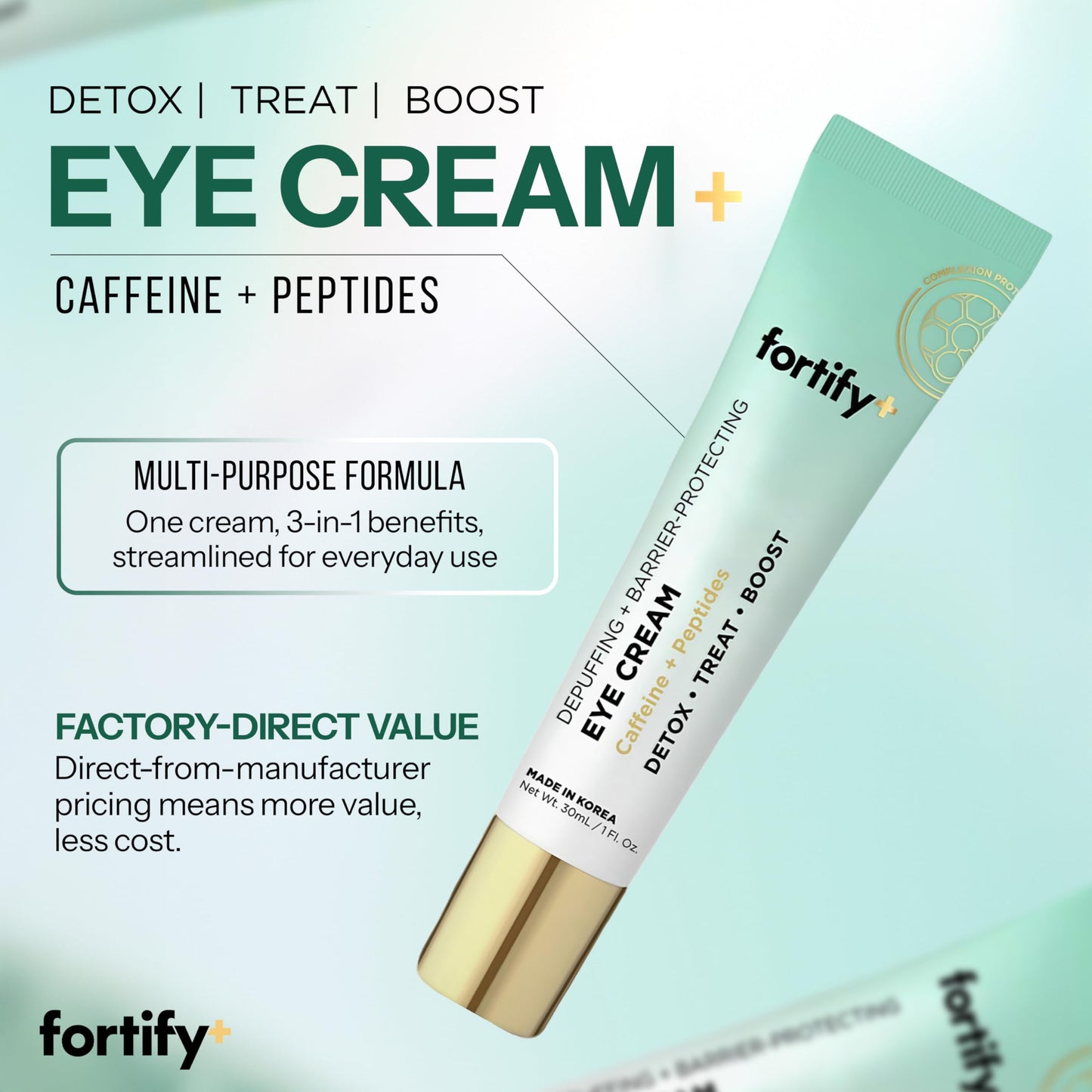 Fortify Skincare Under Eye Cream - Puffy Eyes and Dark Circles Treatment - Peptides, Hyaluronic Acid & Squalane - 3-in-1: Detox, Treat, Boost - Dermatologist Tested - Anti-Aging Korean Skincare - 2 Pk