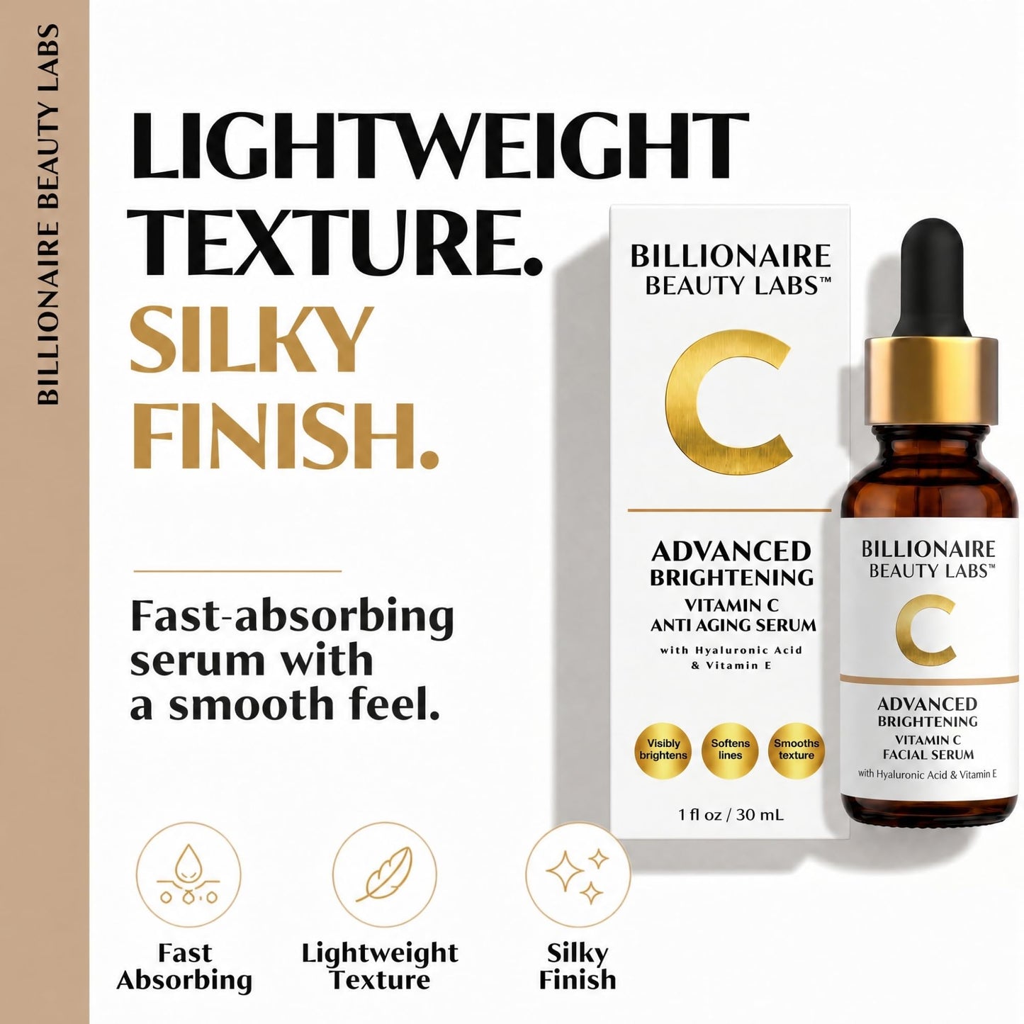Billionaire Beauty Labs Vitamin C Serum for Face - Anti Aging Brightening Serum with Hyaluronic Acid & Vitamin E - Hydrating Facial Serum for Radiance, Fine Lines & Wrinkles - Made in USA 1 fl oz