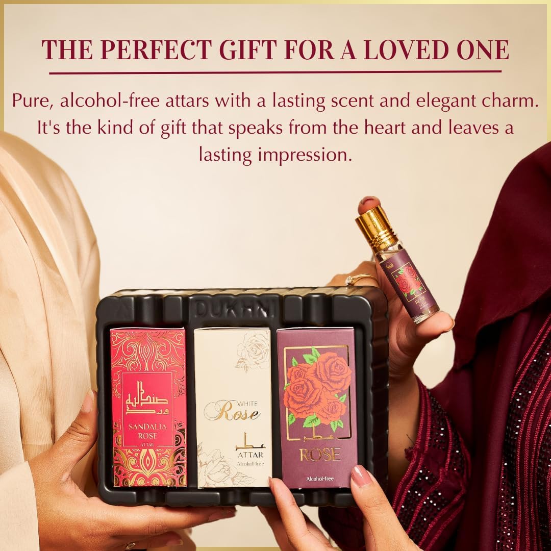 Dukhni Rose Attar Oil Set | Authentic Arabic Fragrance Oils 3pc x 6ml | 100% Pure, Alcohol-Free Original Gulab Attar Blends | Unisex Attar | Best gift, Ramadan gift, Islamic fragrance