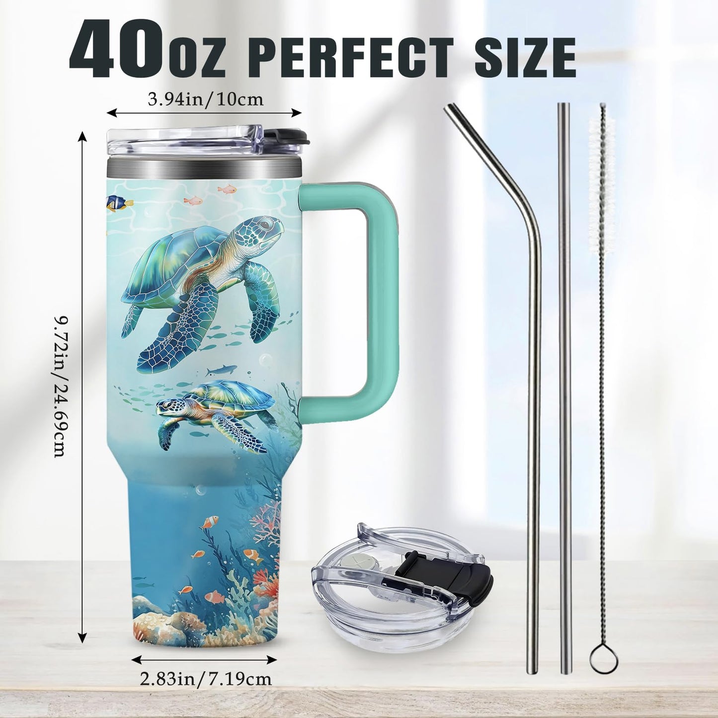 HYMONA Sea Turtle Tumbler Gift for Women - 40oz Ocean Themed Stainless Steel Water Bottle with Turtle & Marine Life Designs, Insulated Travel Cup for Beach Lovers & Marine Conservation Supporters