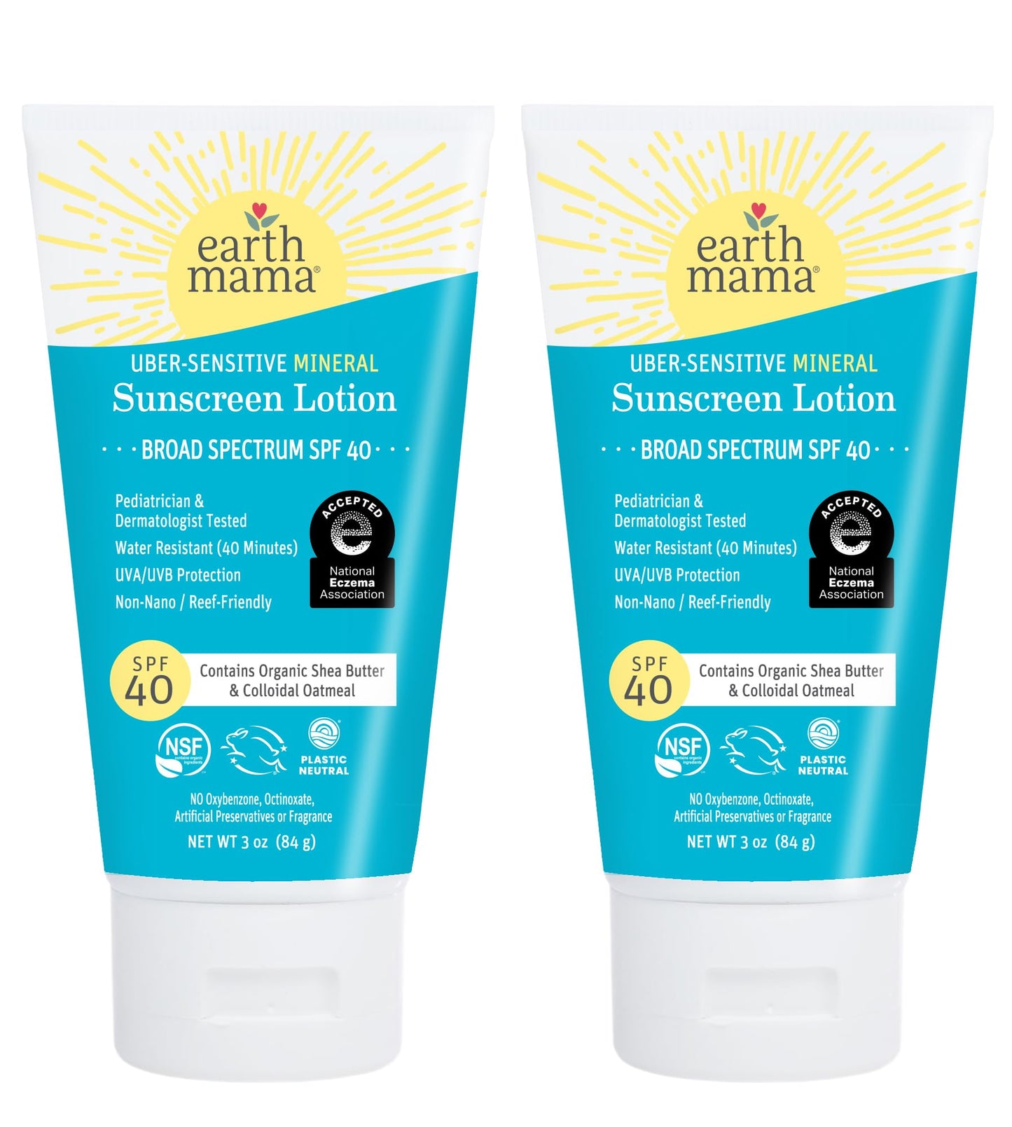 Earth Mama Uber Sensitive Mineral Sunscreen Lotion SPF 40-3oz 2pk - Non-Nano Zinc - Broad Spectrum Sunscreen for Sensitive Skin - Water Resistant Sun Protection for Babies, Kids & Adults