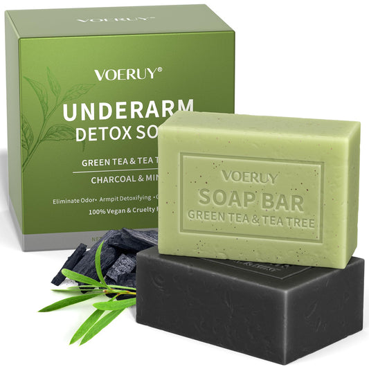 Underarm Detox Soap, 2 Pcs Armpit Detox Soap with Green Tea & Tea Tree, Charcoal & Mint for Eliminating Odor, Exfoliating, Moisturizing , Bar Soaps for Legs, Knee, Feet, Hands Whole Body - 10 oz（280g）