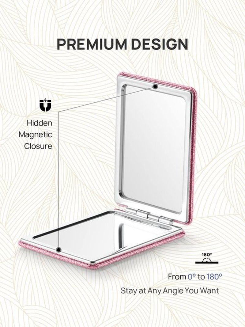 OMIRO Compact Mirror, Glitter PU Leather 1X/3X Magnification, Ultra Portable for Purses, 2.4" W x 3.4" L (Pink)