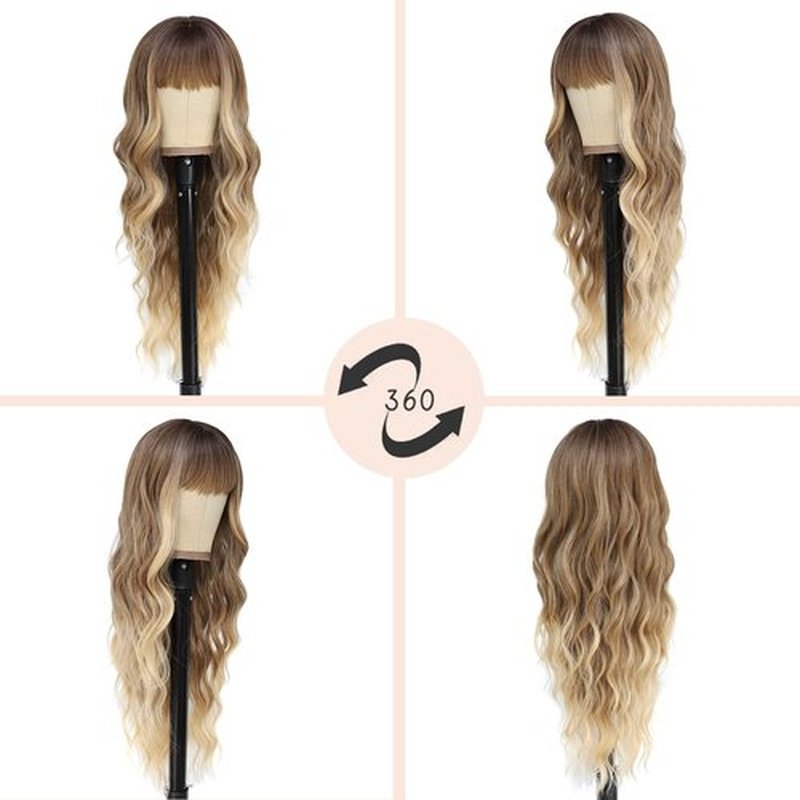 NAYOO Blonde Wigs with Bangs for Women Long Curly Wavy Hair Wigs Heat Resistant Synthetic Fiber Wigs for Daily Party Use 26 Inches (Ombre Blonde)