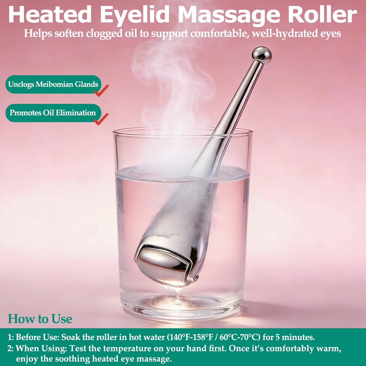 Jepiu Gentle Metal Eyelid Massage Wand for Blocked Glands - Relieves Chalazion, Stye, Dry Eyes, and MGD,Eye Roller for Improves Meibum Flow & Unclogs Oil Glands