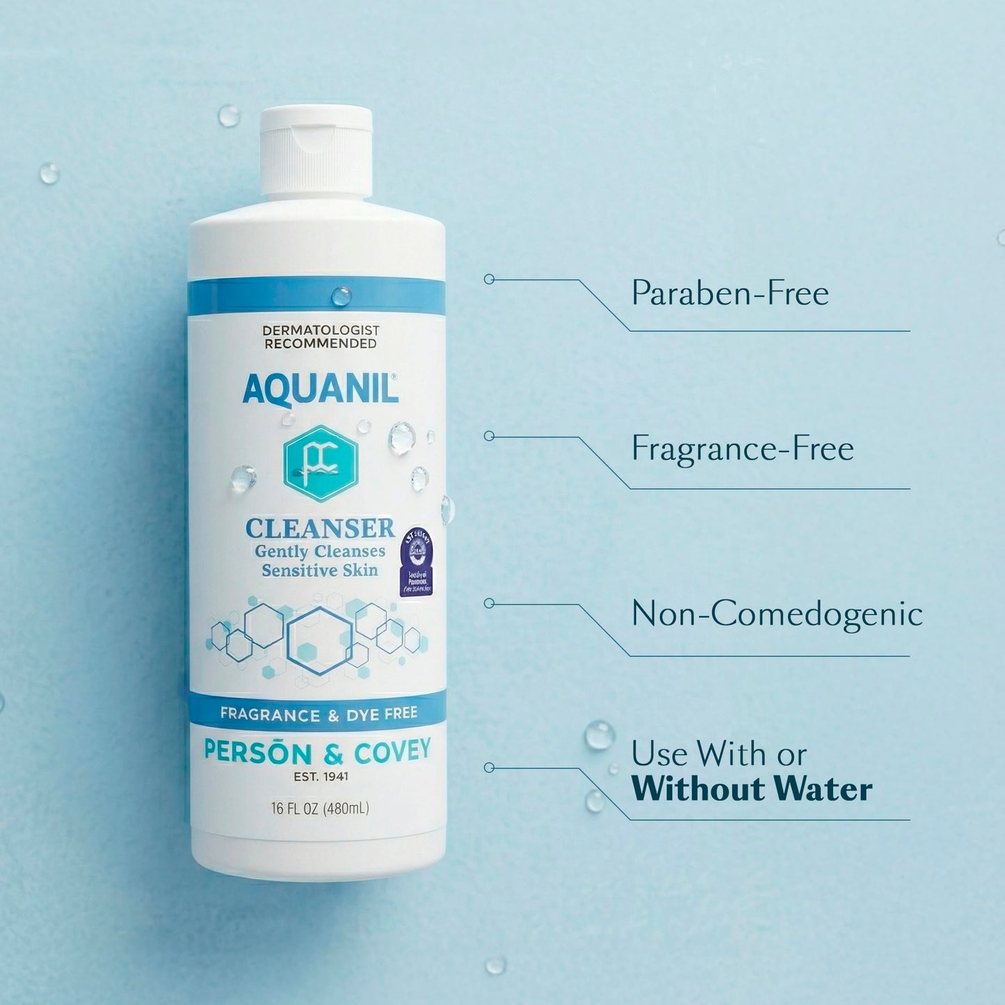Person & Covey Aquanil Cleanser - Lipid-Free Sensitive Skin Cleanser, Non-Comedogenic Gentle Cleanser - Soap Free Cleanser with 7 Ingredients, Fragrance-Free Skin Care Cleanser - 3 Pack, 16 Fl. Oz.
