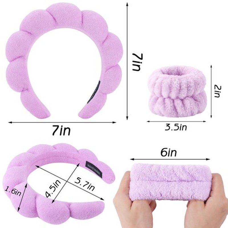 Zkptops Spa Headbands for Washing Face Wristband Set Sponge Makeup Skin Care Purple Headband Towel Bubble Soft Hairband for Women Girls Cute Puffy Headwear Winter Non Slip Thick Thin Hair Accessory
