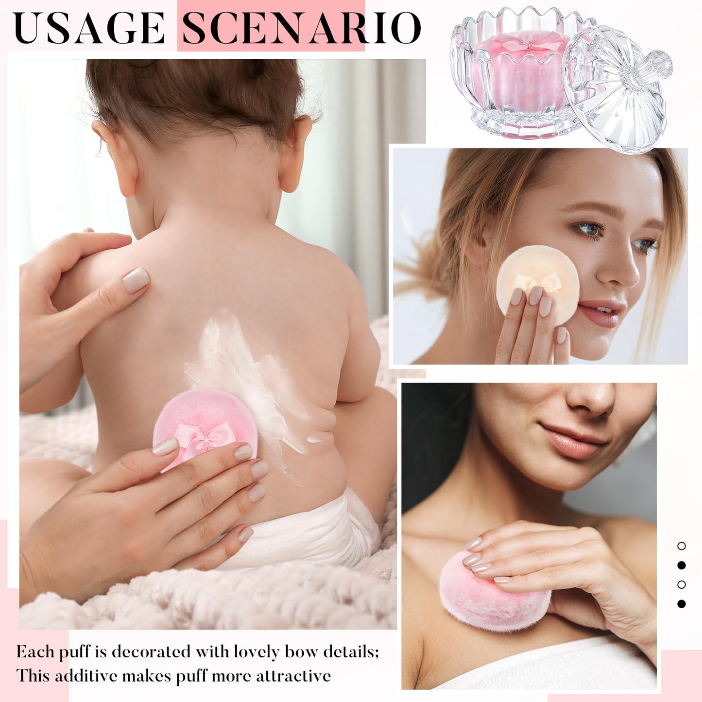 Tioncy 3 Pcs Large Body Powder Puff and Container Powder Container with Puff Powder Puff Crystal Container Soft Washable Reusable Velour Face Body Glitter Powder Puff Wet Dry Makeup(Clear,Cute)