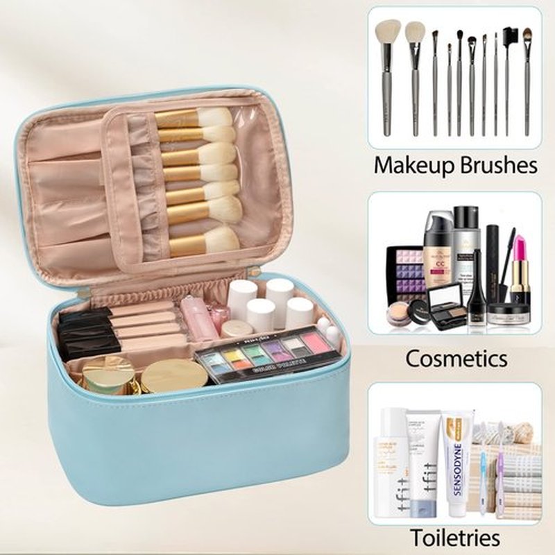 OCHEAL Makeup Bag, Portable Cosmetic Bag, Large Capacity Travel Makeup Case Organizer, Black Makeup Bags For Women Toiletry Bag for Girls Traveling With Handle and Divider-Lake Blue