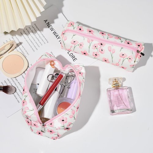 SOIDRAM Makeup Bag Corduroy Cosmetic Bag Cute Pink Floral Makeup Pouch 1Pcs Large Capacity Makeup Bags and 1Pcs Makeup Brushes Storage Bag Travel Toiletry Bag Organizer