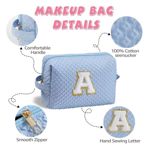 YOOLIFE Gifts for Women Girls - Birthday Gifts for Women, Personalized Gifts for Girl Her Mom Friend Sister Bridesmaid Teacher Women, Teen Girl Gifts Ideas, Blue Initial Makeup Bag Cosmetic Bag A