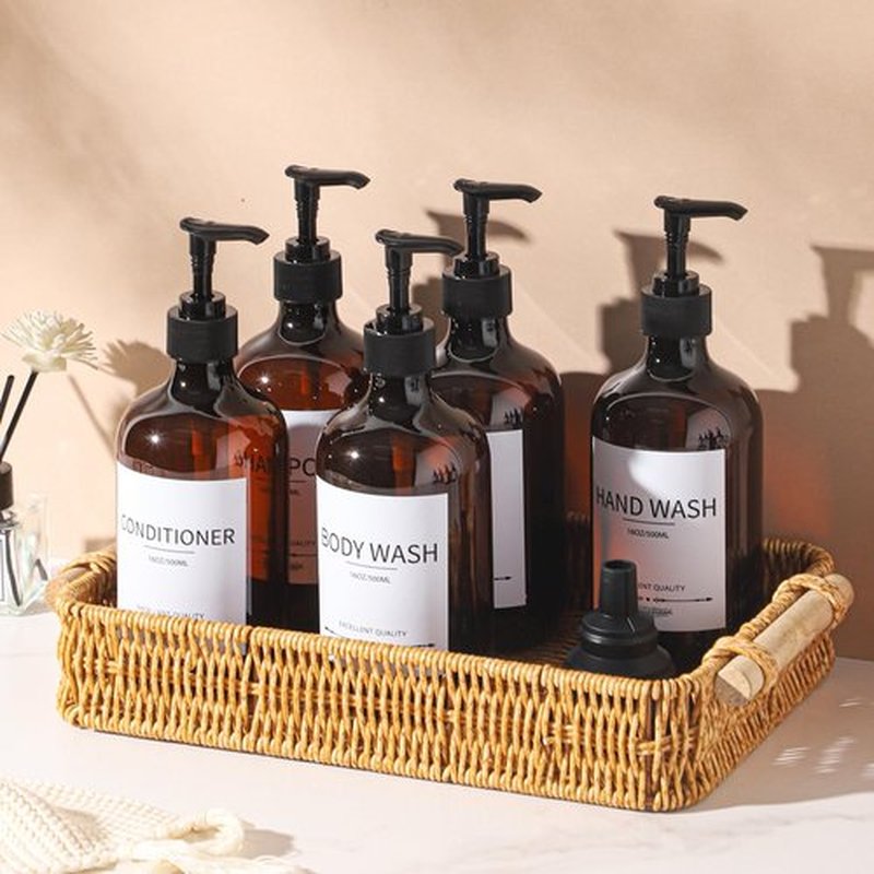 Stylish Shampoo Bottles Refillable with Pump,(5Pack) Amber Shampoo and Conditioner Dispenser,Shampoo Bottles with 8pcs Lables,Shampoo and Conditioner Bottle Set
