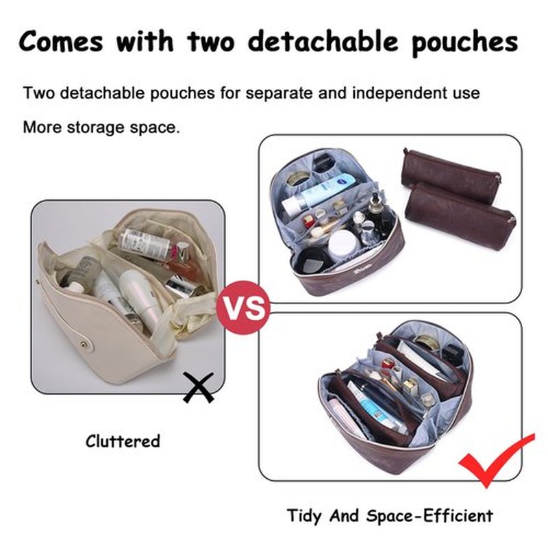 Travel Makeup Bags Cosmetic Organizer Bag: 3-Set Large Capacity Make up Bag - PU Leather Toiletry Bag for Women - Wide Open Portable Pouch with Divider & Handle (02-Reddish-Brown)