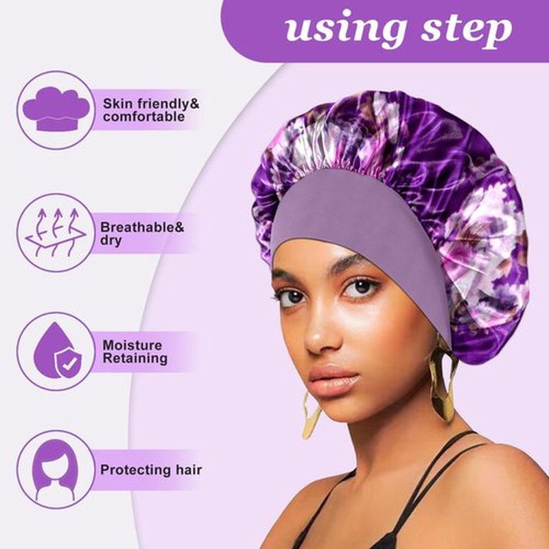 4PCS Silk Bonnet for Sleeping,Satin Bonnets Hair Wrap Cap for Black Women Men for Curly Hair,Elastic Wide Band Hair Bonnet Print Shower Cap for Sleeping (Black & Wine Red & Purple & Leopard Pattern)
