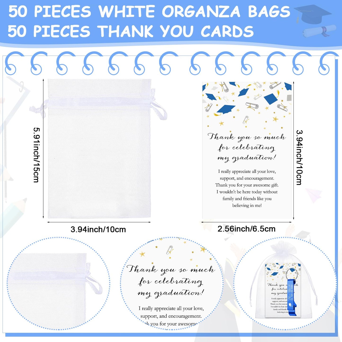 Jingmore 50 Sets Graduation Party Favors Bulk Class of 2026 Graduation Gifts Grad Cap Bottle Opener Keychain with Thank You Cards Class of 2026 Reunion Souvenirs Favors for Guests (Blue,Black)