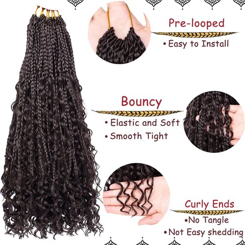 Beverlee 18 Inch 8 Packs Boho Box Braids Goddess Box Braids Crochet Hair Bohemian Hippie Braids Braiding Hair Box Braids with Curly Ends Messy Pre-looped Synthetic Crochet Hair for Black Women