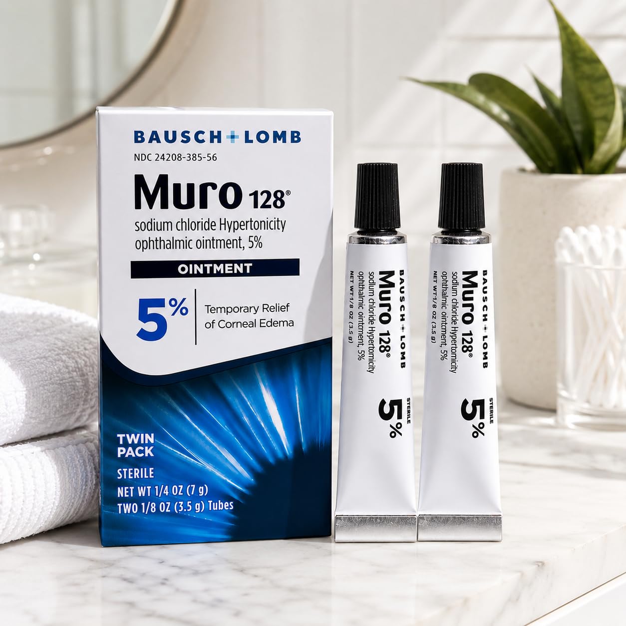 Bausch + Lomb Muro 128 Ointment, Temporary Relief of Corneal Edema, Eye Care, Sodium Chloride Hypertonicity Ophthalmic 5% Ointment, Twin Pack, Two 3.5 g (0.12 Oz) Tubes, 0.25 Ounce Total