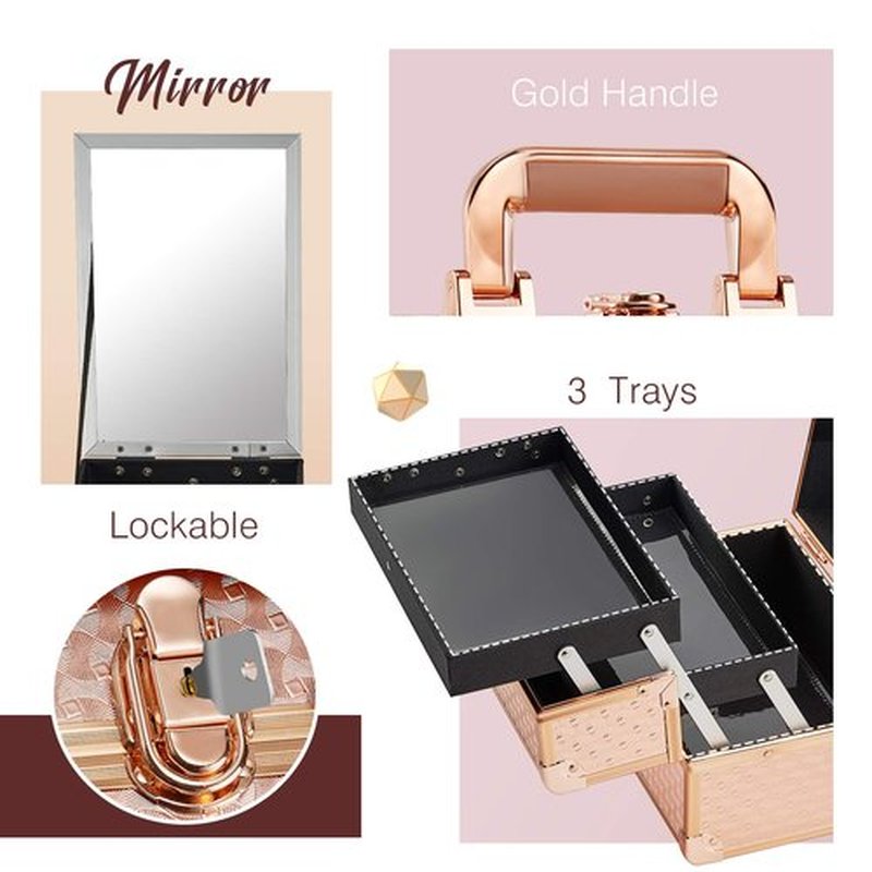 Joligrace Beauty Makeup Train Case for Lady Portable Cosmetic Box Jewelry Organizer Lockable with Keys and Mirror 2-Tier Trays Carrying with Handle Makeup Storage Box - Rose Gold