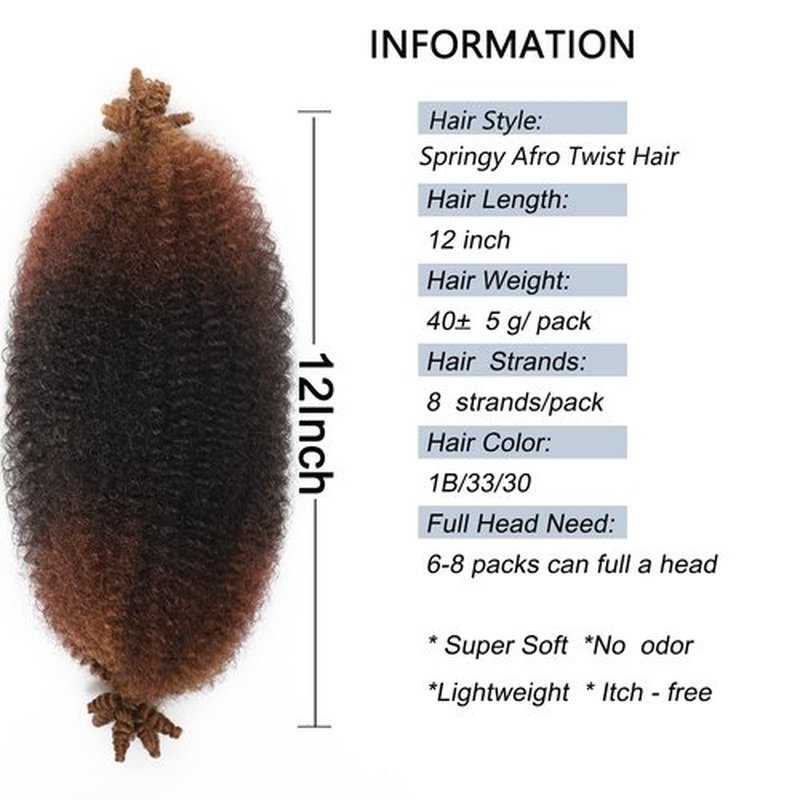 12 Inch Springy Afro Twist Hair 8 Packs Marley Twist Braiding Hair Pre-fluffed Spring Twist Hair Kinky Hair Afro Twist Hair Marley Hair for Faux Locs (12 Inch (Pack of 8), T1B/33/30#)