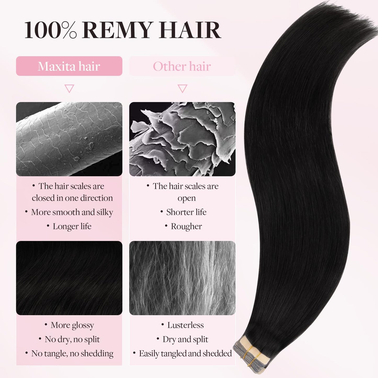 MAXITA Tape in Hair Extensions Human Hair 1B Natural Black 24 Inch 30g 10pcs Thick Ends Remy Human Hair Seamless Straight Human Hair Extensions Invisible Tape in Hair Extensions Human Hair