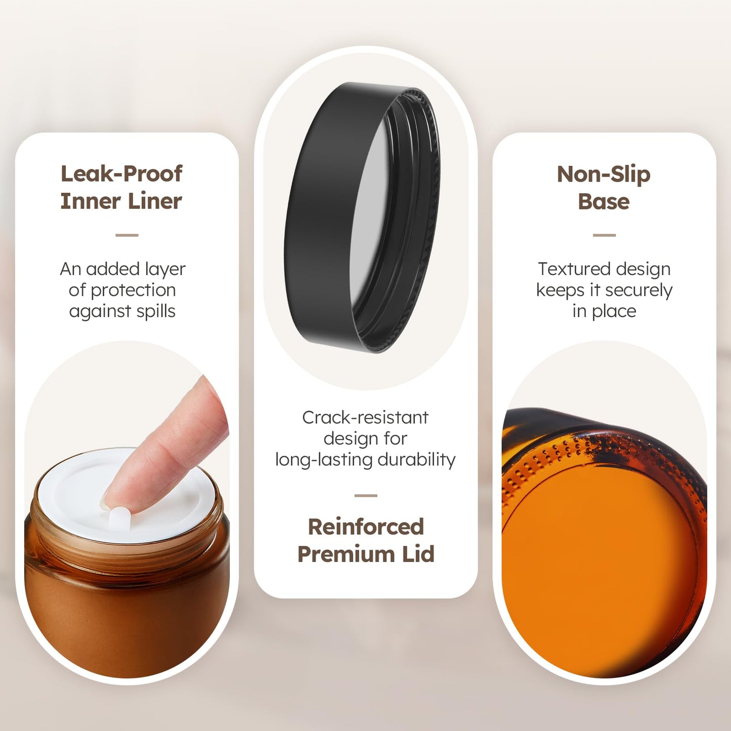 2 oz Glass Jars with Lids, 6 Pack Amber Glass Jars with Black Lids Leakproof Round Airtight Empty Cosmetic Travel Containers with Inner Liners For Lotions Powders and Candle Making
