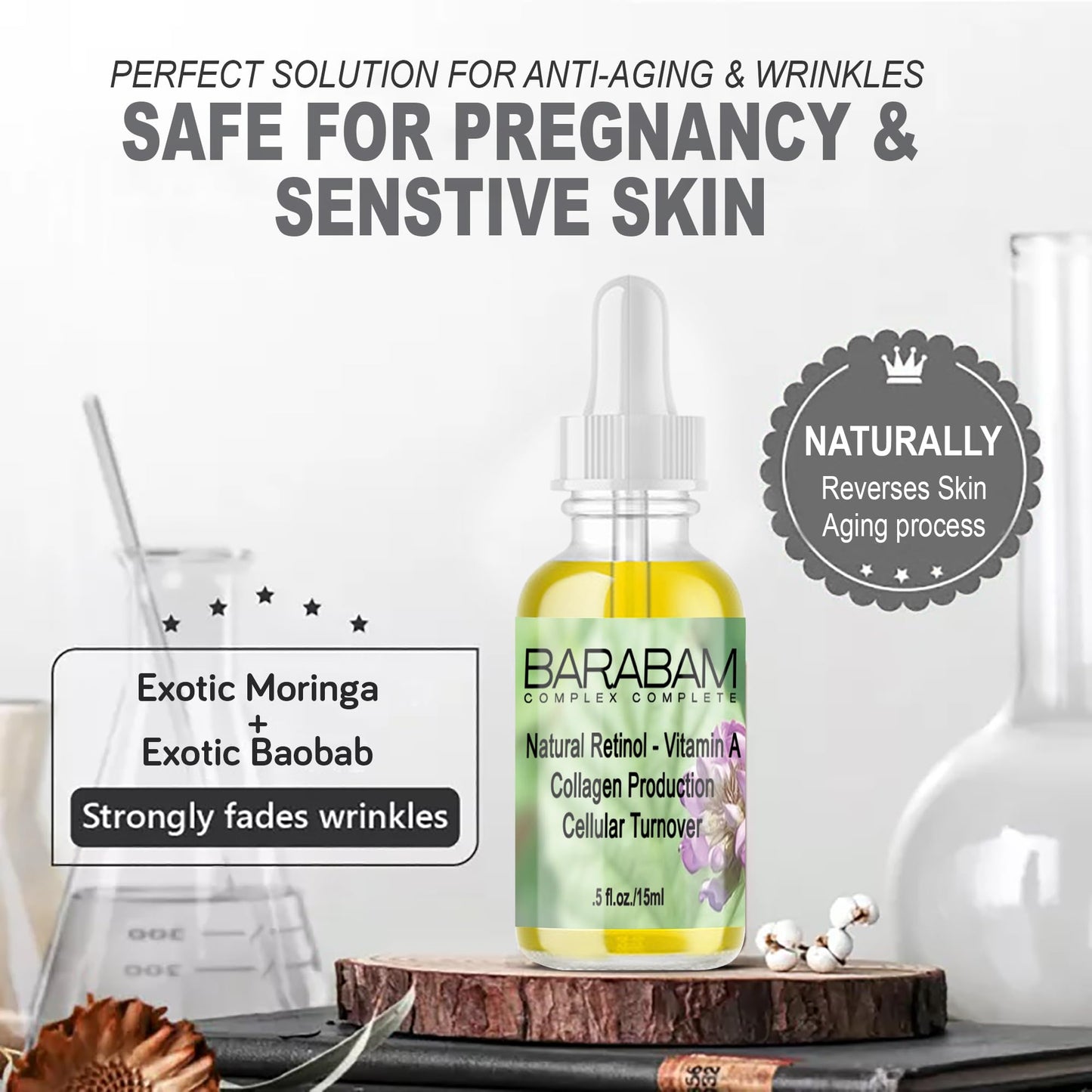 100% Natural Bakuchiol Serum with EXOTIC Baobab & Moringa Oils. Plant-based, Retinol Alternative for Anti-aging Moisturizer. Reduces Fine Lines & Wrinkles. Pregnancy Safe. Safe for Sensitive Skin.