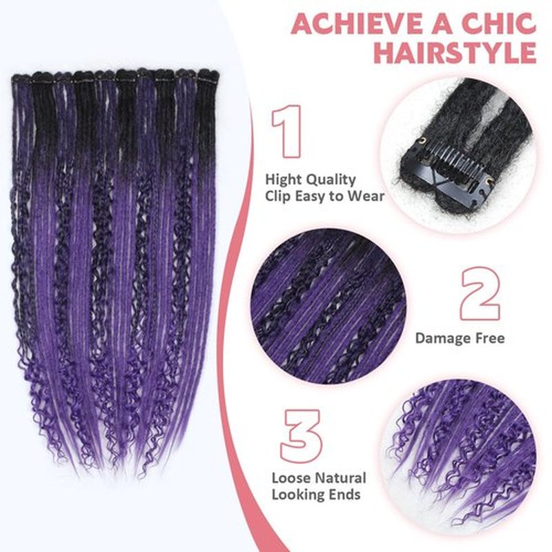 24 Inch Clip in Dreadlock Hair Extensions 10Clips 40 Strands Mixed Synthetic Dreads Extensions for Women,Handmade Soft Straight Boho Wavy Dreads,1B/Purple