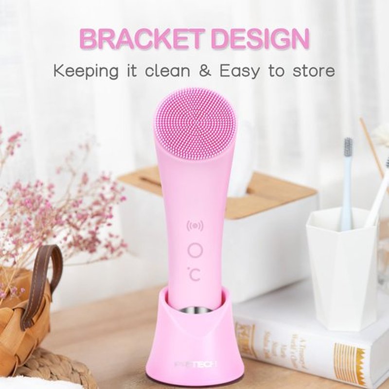 PRITECH Silicone Face Scrubber, Rechargeable Facial Cleansing Brush with Heat Massage End, Vibrating Exfoliating Face Scrubber for Women and Men, Waterproof Facial Scrubber for Deep Cleansing (Pink)