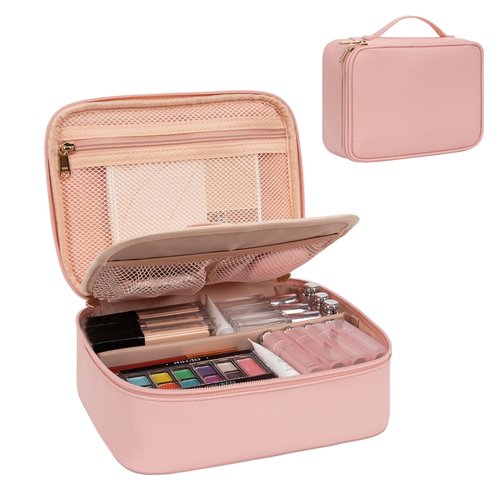 OCHEAL Makeup Bag, Potable Make up Bag Cute Makeup Organizer Bag for Toiletry Cosmetics Accessories with Divider and Brushes Compartments, Makeup Travel Case Cosmetic Bags Women and Girls-Pink