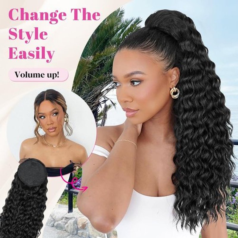 ALXNAN Wavy Curly Ponytail Extension, Long Soft 22" Black Drawstring Ponytail for Black Women Natural Synthetic Hairpiece Thick For Daily Use
