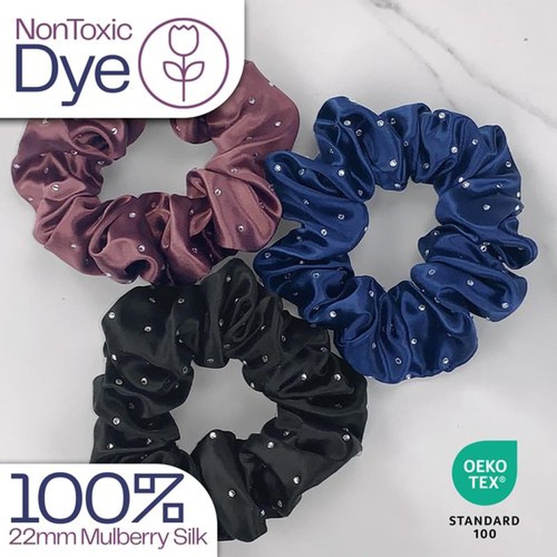 Celestial Silk Mulberry Silk Scrunchies for Hair (Plum, Navy, Black with Rhinestones)