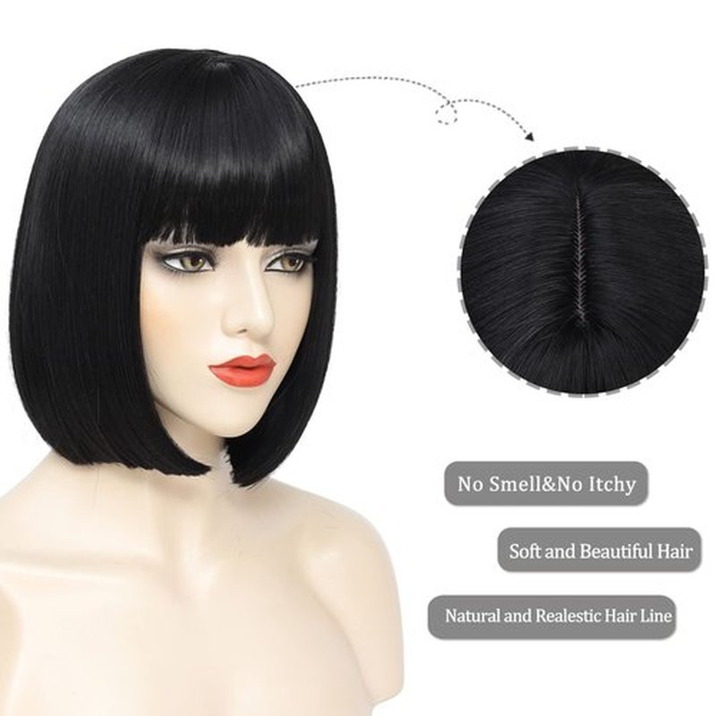 YBYMCAI Black Bob Wigs For Women Short Black Bob Wig With Bangs Straight Bob Bangs Wig 10 Inch Natural Looking For Daily Party Use